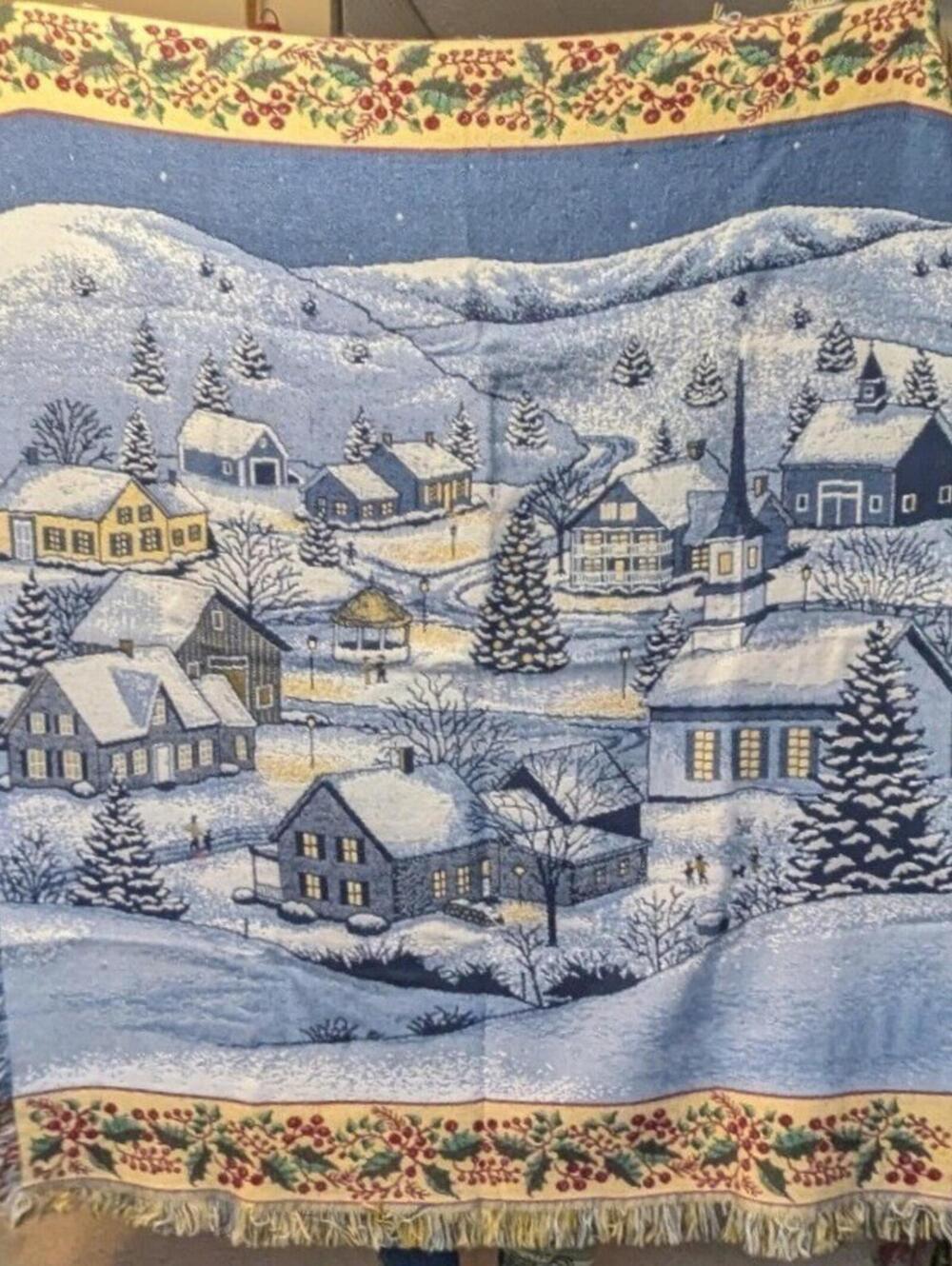 Vintage Winter Village Woven Tapestry Throw Blanket Holly Berry Fringe Christmas